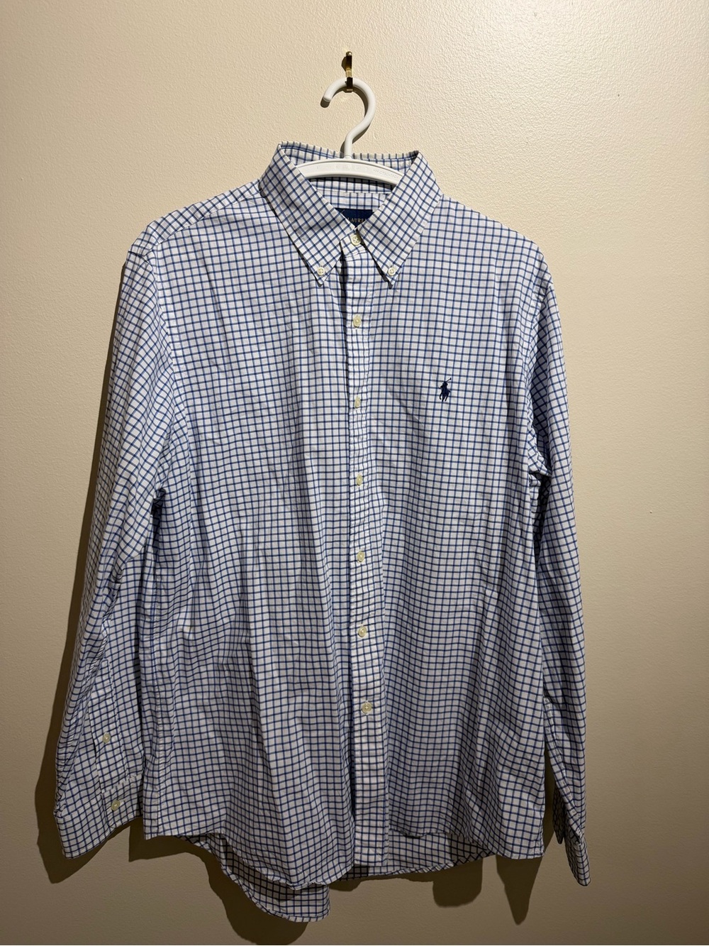 Ralph Lauren Dress Shirt Men Stretch Large Blue And White Checkered